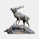 Monumental Bugling Elk and Fallen Deer Bronze Sculpture by Giant Sculptures, dark brown patina, antlered elk mid-bugle above a fallen deer on a rocky base.