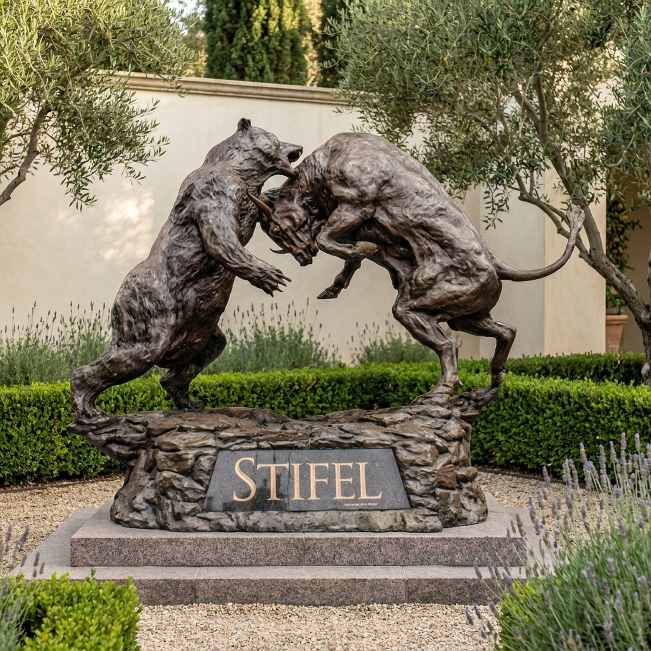 Monumental Bull and Bear Bronze Sculpture by Giant Sculptures, rearing bear and lunging bull locked head-to-head on a granite plinth engraved "Stifel" in a garden.