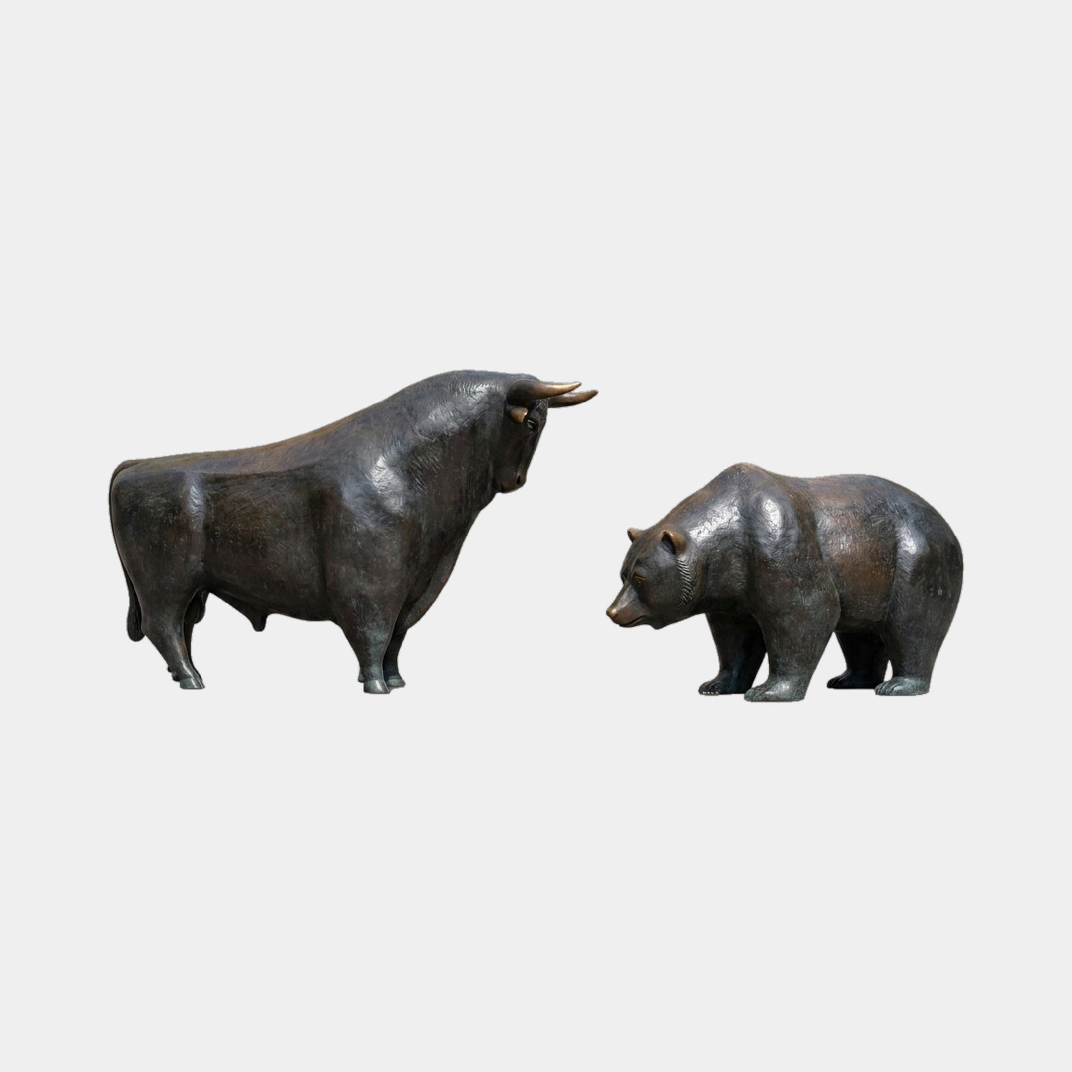 Monumental Bull and Bear Bronze Sculpture Set 200cm by Giant Sculptures, featuring a dark patinated bull with lowered horns facing a crouching bear on a plain background.