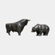 Monumental Bull and Bear Bronze Sculpture Set 200cm by Giant Sculptures, featuring a dark patinated bull with lowered horns facing a crouching bear on a plain background.