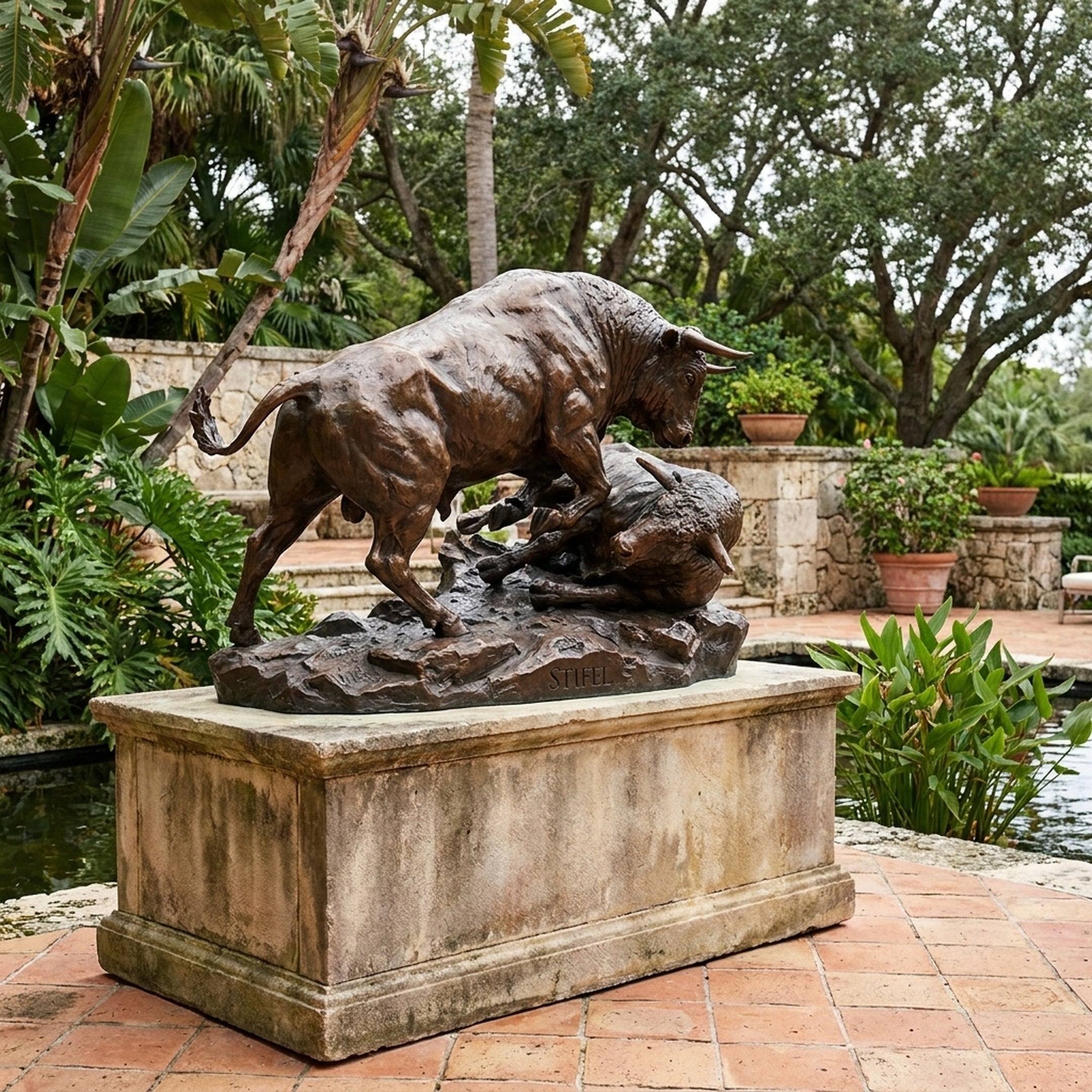 Giant Sculptures Monumental Bull and Bear Combat Bronze Sculpture on a stone plinth beside a garden pond, with the bull lunging over the fallen bear.