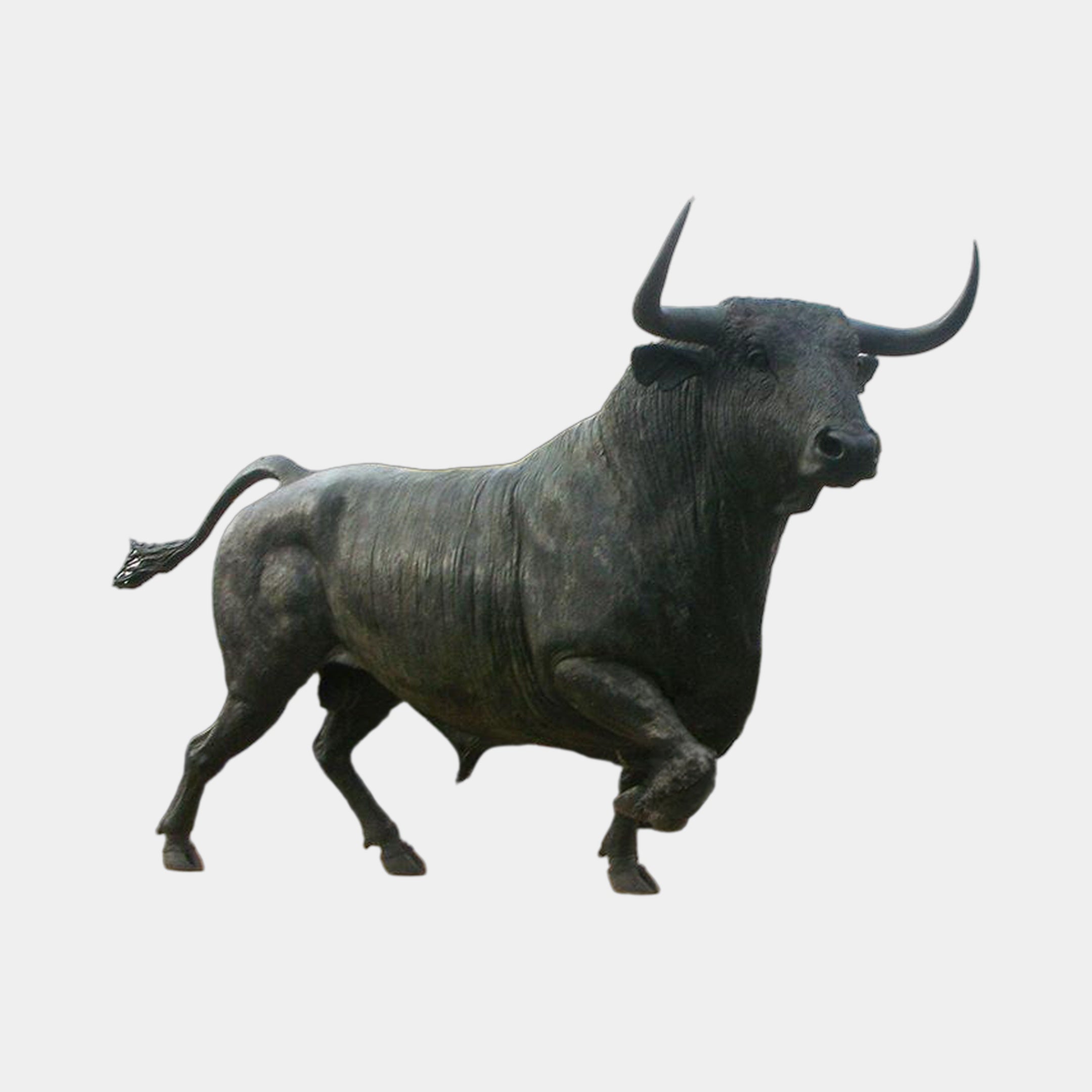 Monumental Charging Bull Bronze Sculpture 200cm by Giant Sculptures, shown in side profile mid-charge with lowered horns and raised tail, dark patina, on a plain background.