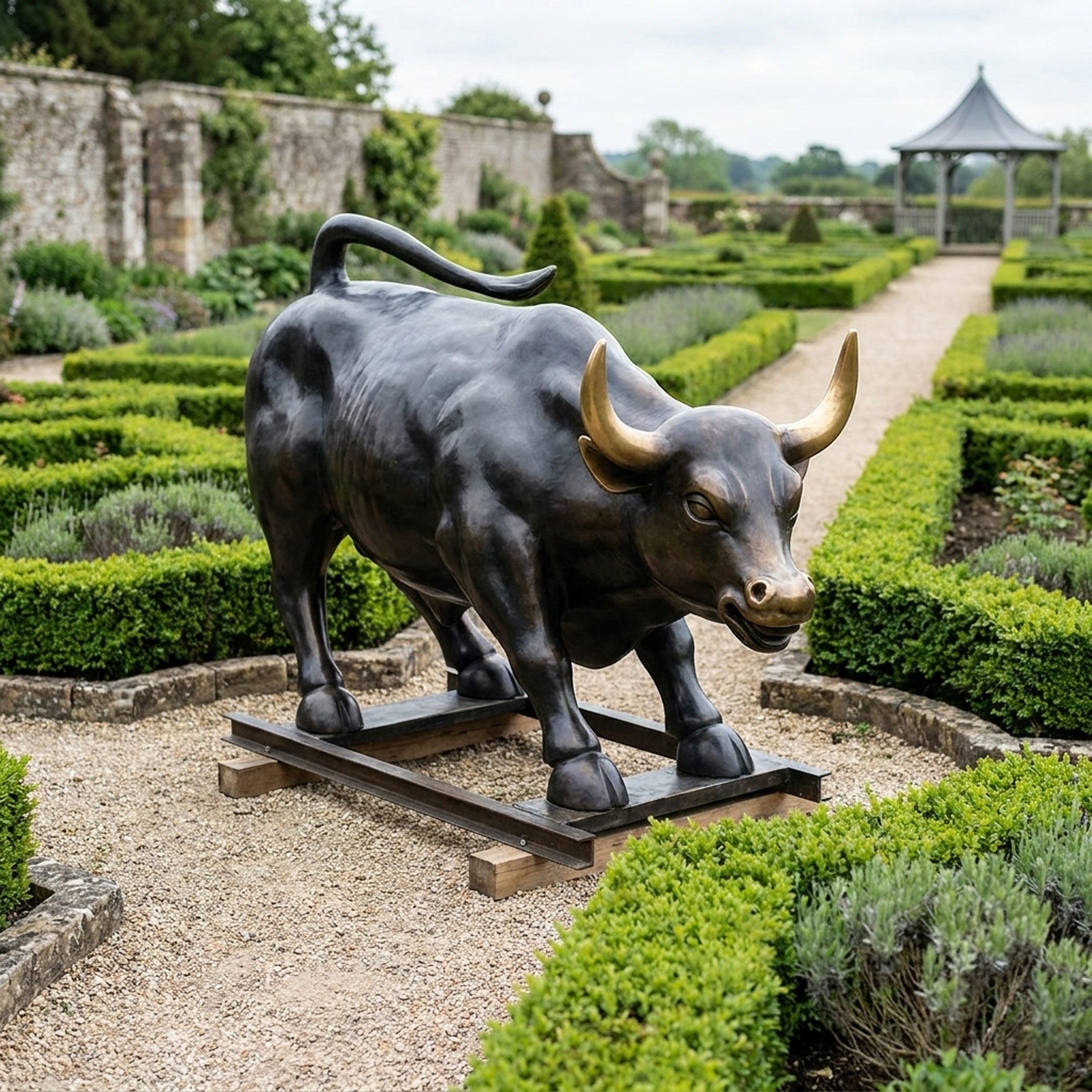 Monumental Charging Bull Bronze Sculpture by Giant Sculptures with black patina and gold horns, displayed on a wooden base in a formal hedged garden.