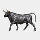 Monumental Charging Bull Bronze Sculpture by Giant Sculptures, 200cm, side view with black patina body, polished gold horns, and arched tail on plain background.