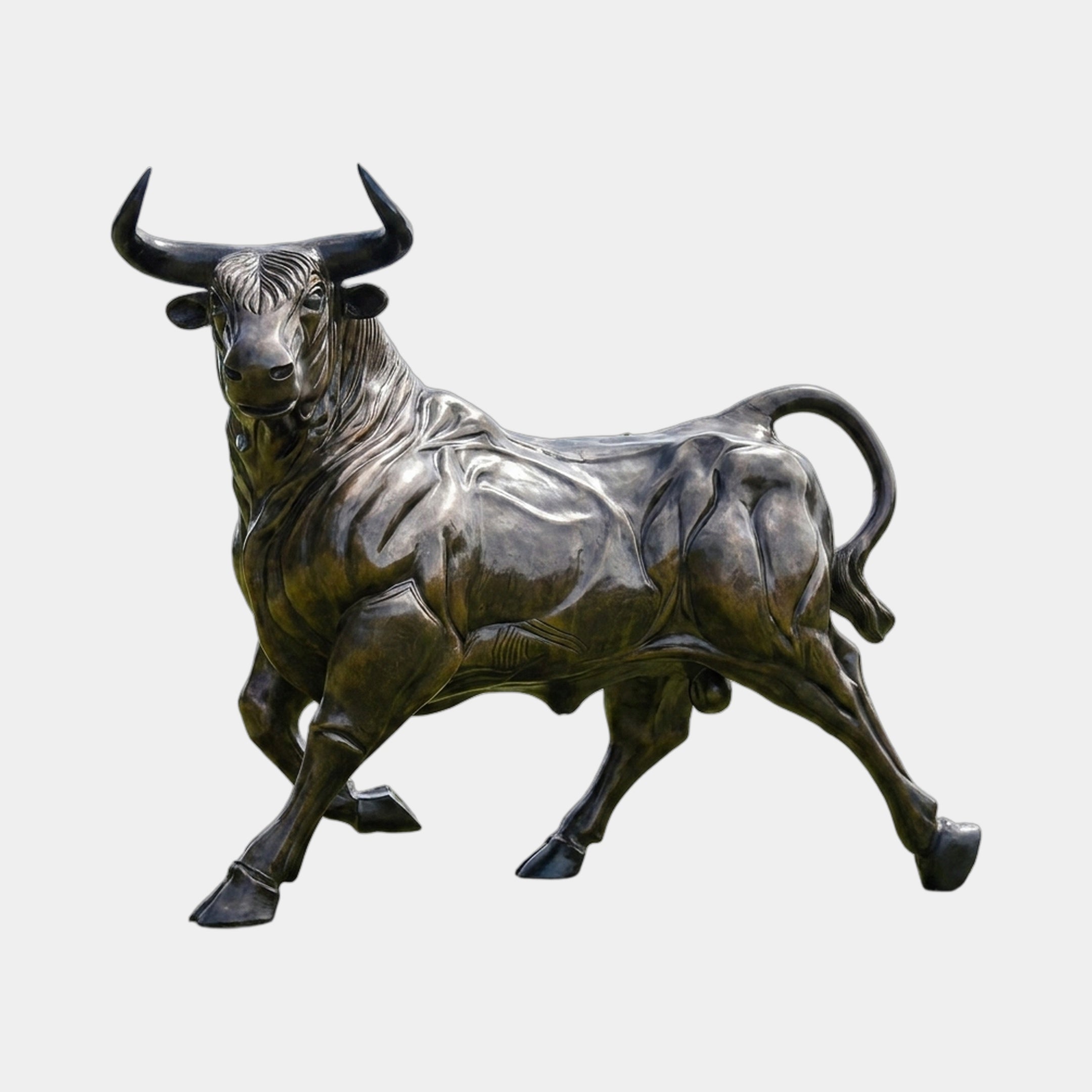 Giant Sculptures Monumental Charging Bull Bronze Sculpture, 220cm, shown in mid-charge with lowered horns and curled tail, dark patinated finish, on a plain background.