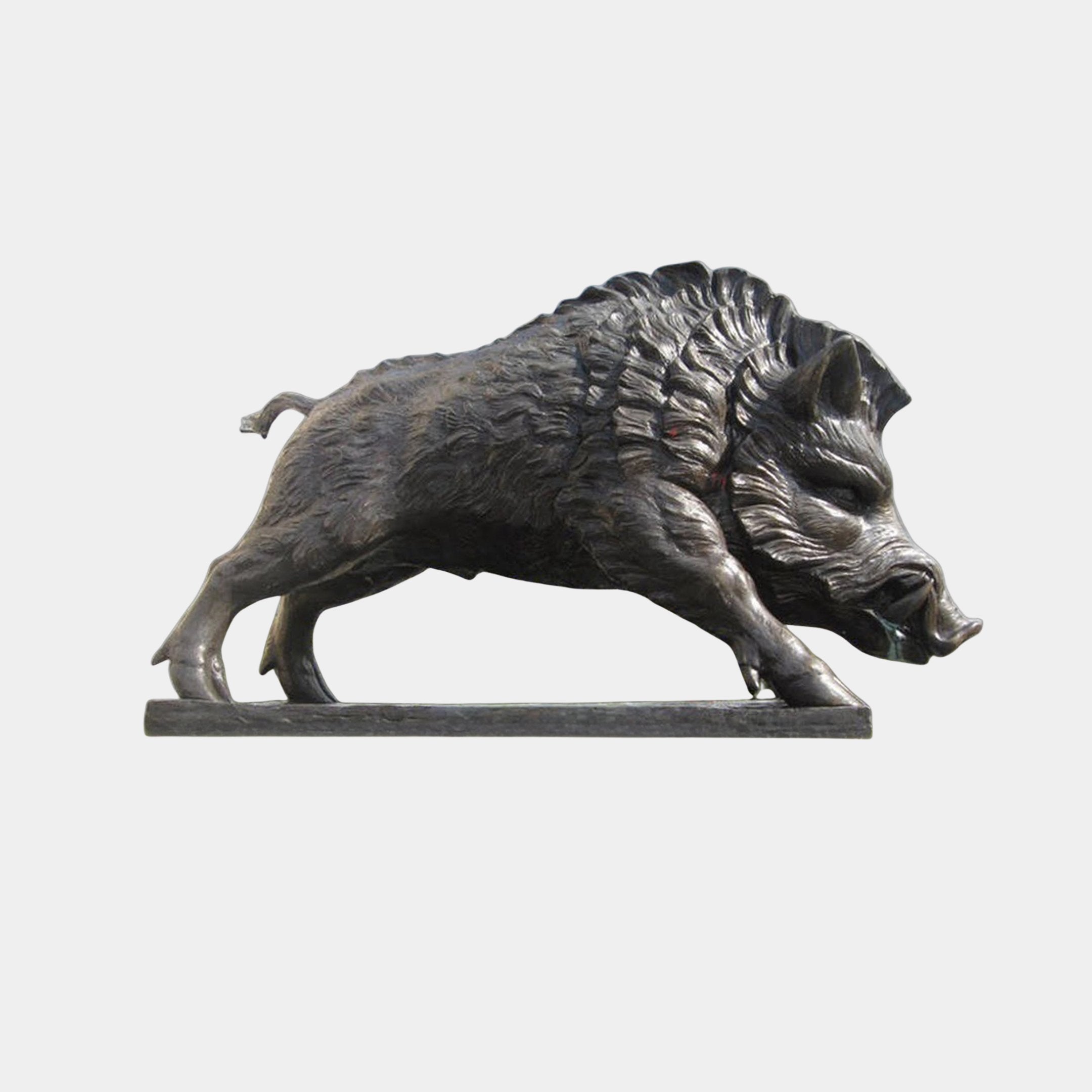 Monumental Charging Wild Boar Bronze Sculpture by Giant Sculptures, 180cm, shown in side profile with lowered head, tusks forward, on a rectangular base.