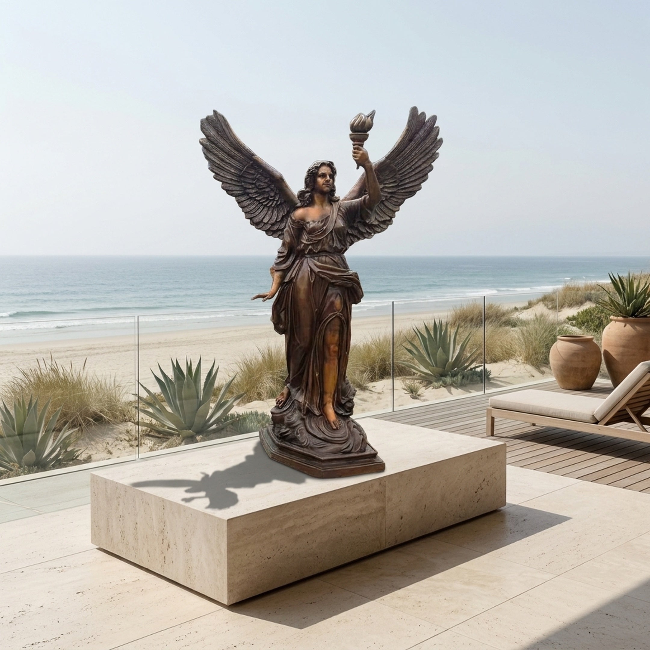 Monumental Classical Angel with Torch Bronze Sculpture by Giant Sculptures displayed on a travertine plinth on a beachfront terrace overlooking the ocean.