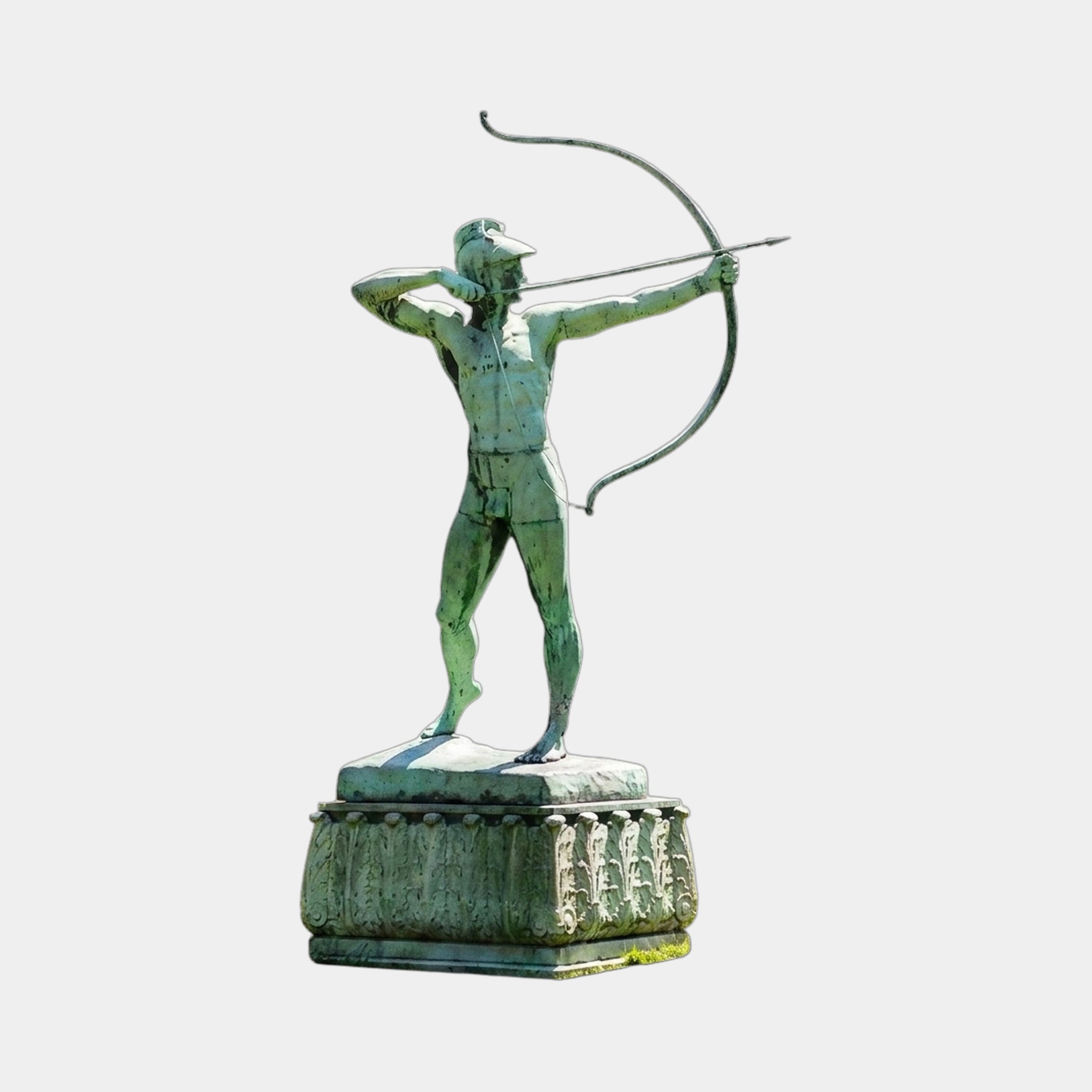 Monumental Classical Archer Warrior Bronze Statue by Giant Sculptures, 350cm verdigris-patinated figure drawing a bow atop a relief-carved plinth.
