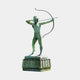 Monumental Classical Archer Warrior Bronze Statue by Giant Sculptures, 350cm verdigris-patinated figure drawing a bow atop a relief-carved plinth.