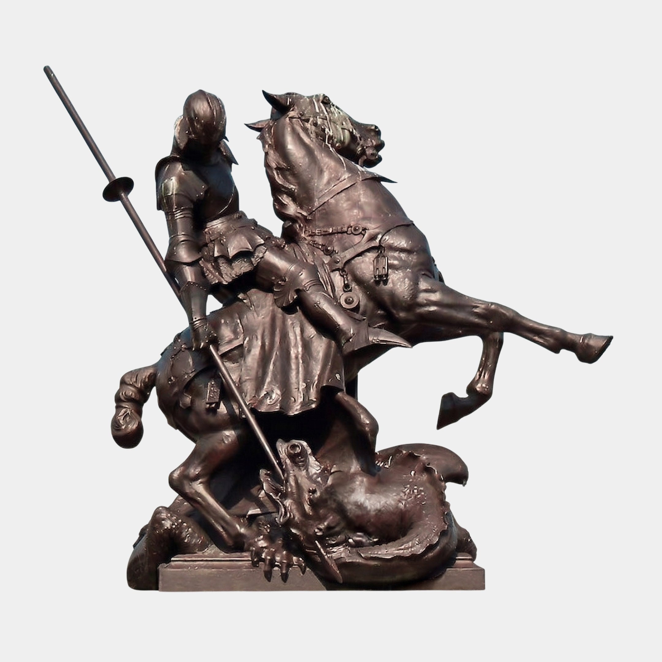 Giant Sculptures' Saint George Slaying the Dragon Bronze Statue 300cm, armoured rider on a rearing horse driving a lance into the dragon beneath.