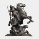 Monumental Classical Armoured Knight and Dragon Bronze Sculpture by Giant Sculptures, 450cm, knight on rearing horse spearing a coiled dragon, dark patina.