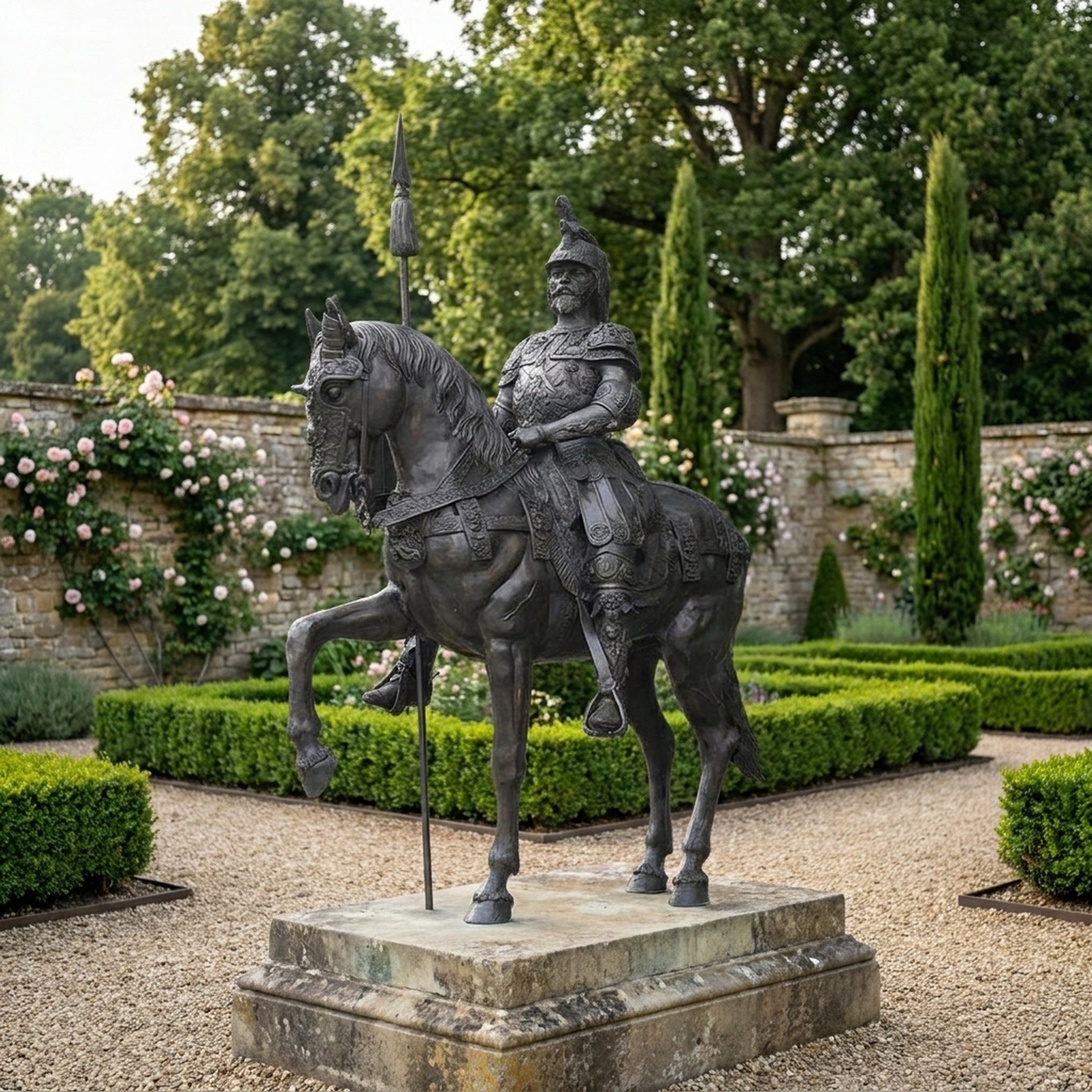 Monumental Classical Armoured Knight on Horseback Bronze Sculpture by Giant Sculptures displayed on a stone plinth in a formal rose garden with hedges.