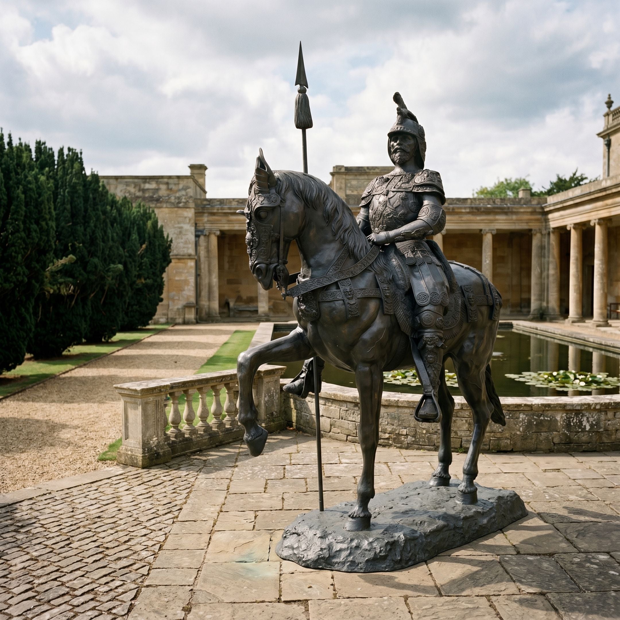 Monumental Classical Armoured Knight on Horseback Bronze Sculpture by Giant Sculptures, dark patina, lance raised, prancing horse, displayed in a colonnaded courtyard.