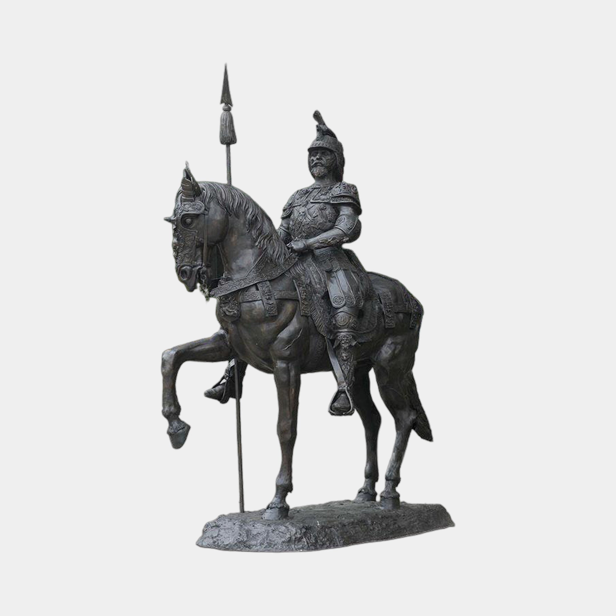 Giant Sculptures' Monumental Classical Armoured Knight on Horseback Bronze Sculpture 350cm, dark patina warrior with vertical lance on prancing horse, plain background.