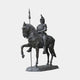 Giant Sculptures' Monumental Classical Armoured Knight on Horseback Bronze Sculpture 350cm, dark patina warrior with vertical lance on prancing horse, plain background.