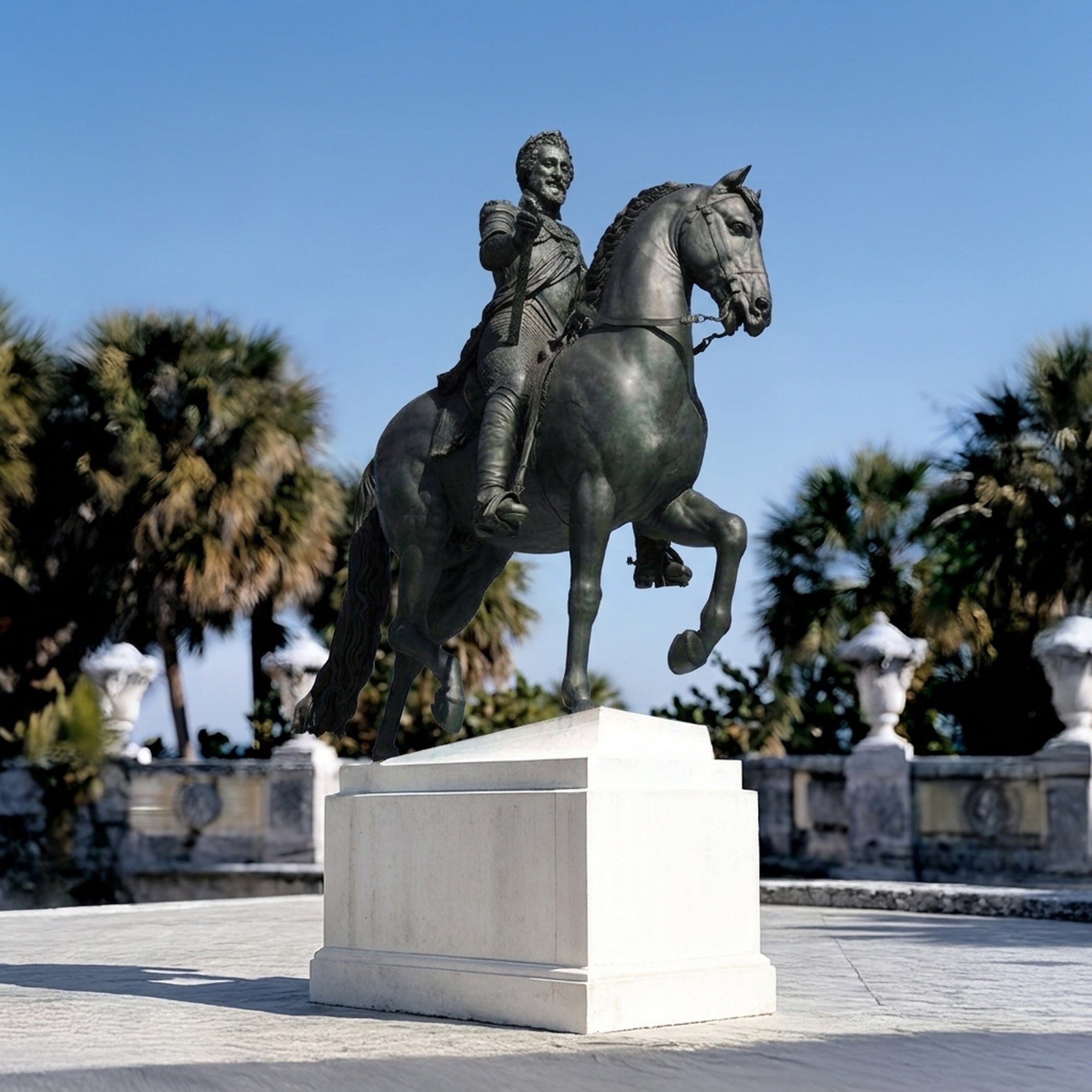 Monumental Classical Armoured Rider and Rearing Horse Bronze Sculpture by Giant Sculptures on a white plinth outdoors among palm trees.