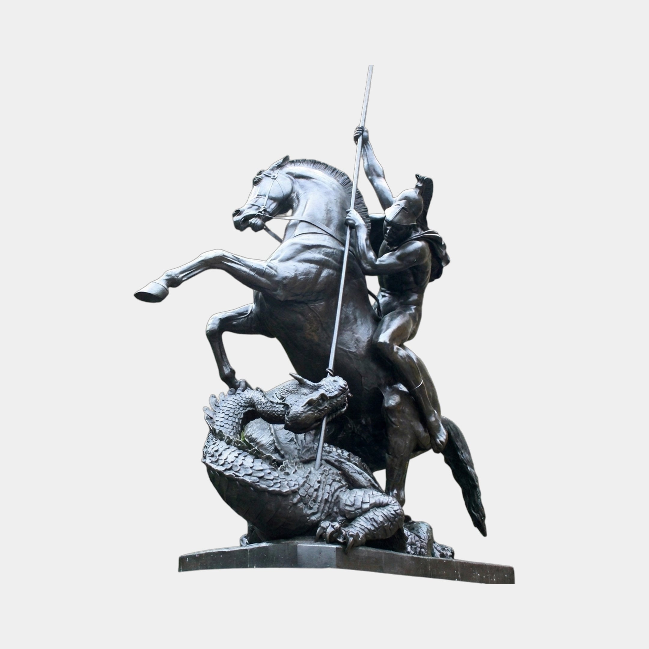 Saint George and the Dragon Bronze Statue 350cm by Giant Sculptures, helmeted warrior on a rearing horse driving a lance into a coiled dragon, dark patina.