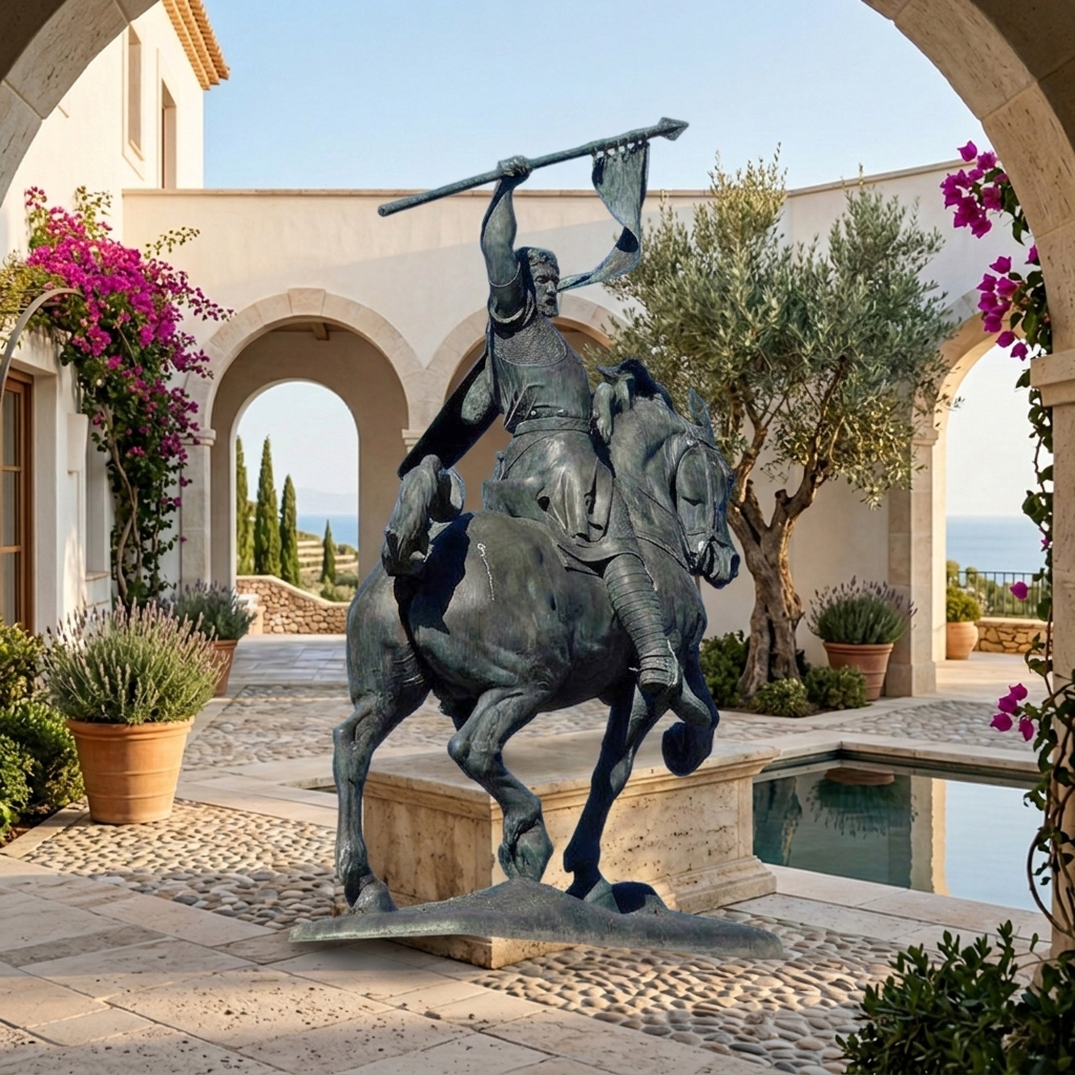 Giant Sculptures Monumental Classical Armoured Warrior on Rearing Horse Bronze Sculpture in dark patina, displayed in an arched Mediterranean courtyard by a pool.