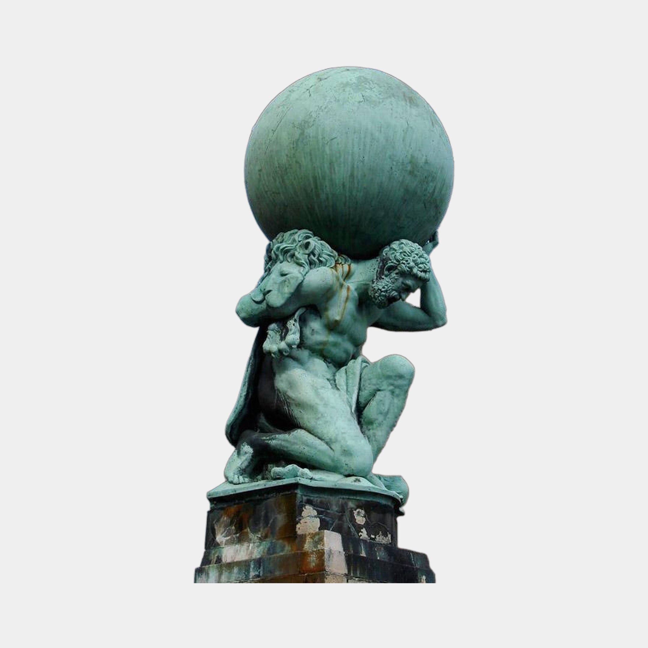 Monumental Classical Atlas Kneeling with Globe and Lion Bronze Sculpture by Giant Sculptures, verdigris patina, kneeling figure with lion on stone plinth.