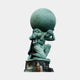 Monumental Classical Atlas Kneeling with Globe and Lion Bronze Sculpture by Giant Sculptures, verdigris patina, kneeling figure with lion on stone plinth.