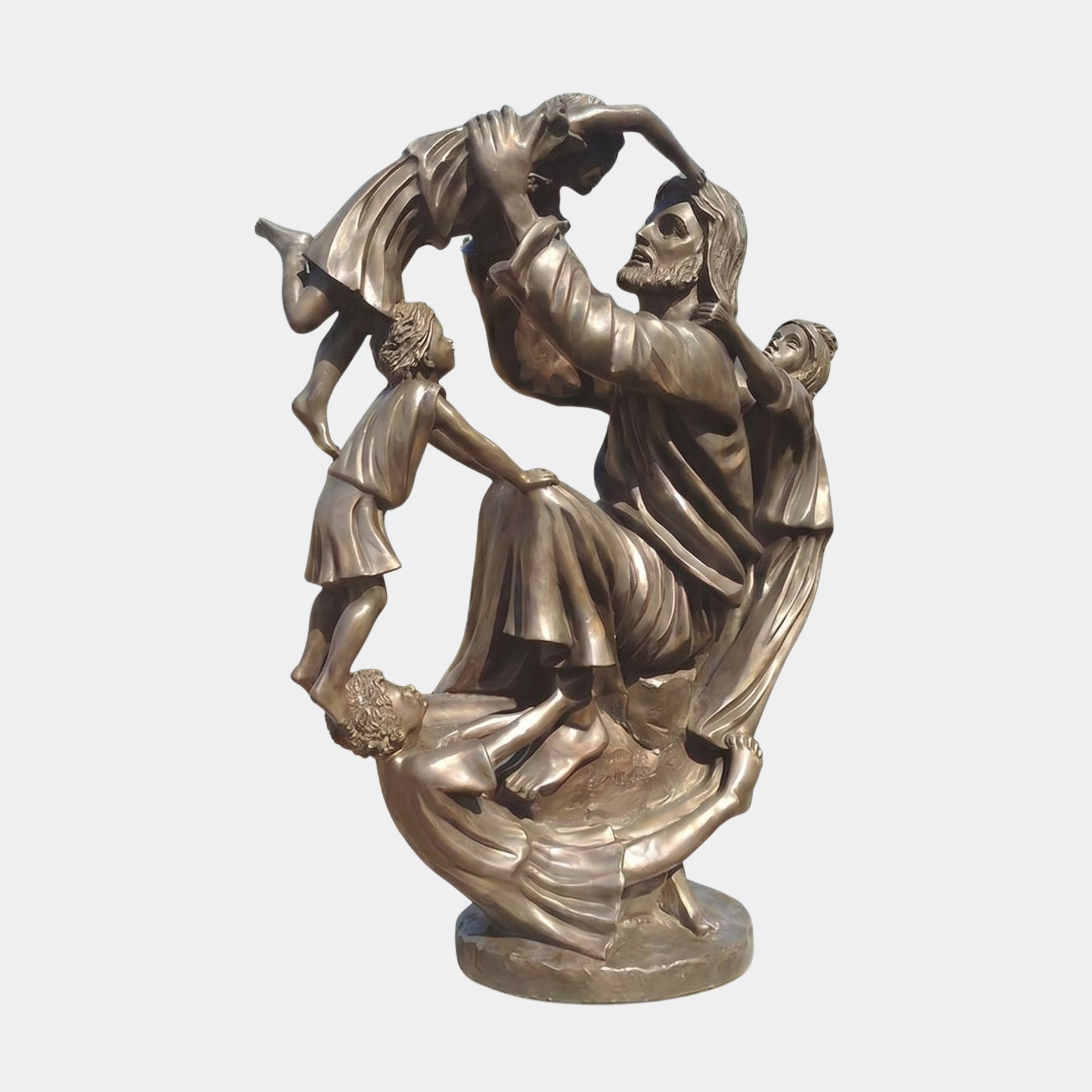 Monumental Classical Bearded Figure with Children Bronze Sculpture by Giant Sculptures, 300cm, warm brown patina, robed man lifting and surrounded by five children.