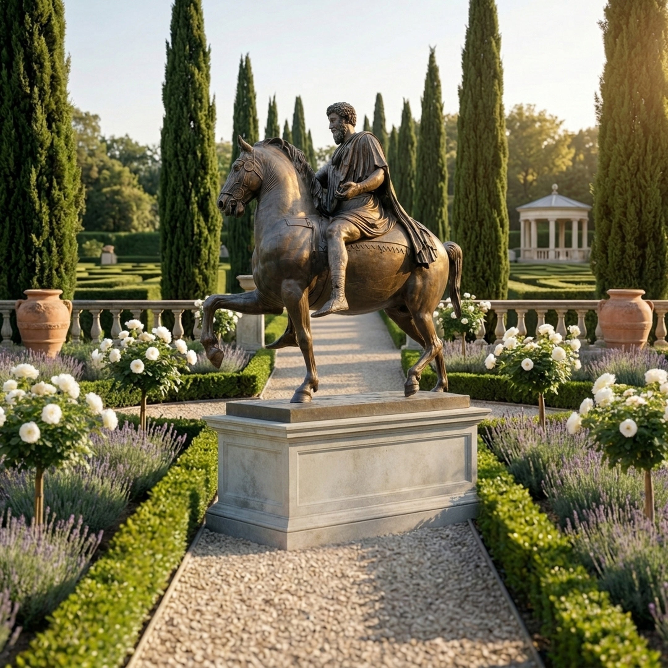 Monumental Classical Bearded Rider and Horse Bronze Sculpture by Giant Sculptures on a pale stone plinth in a formal garden lined with cypress trees and lavender.