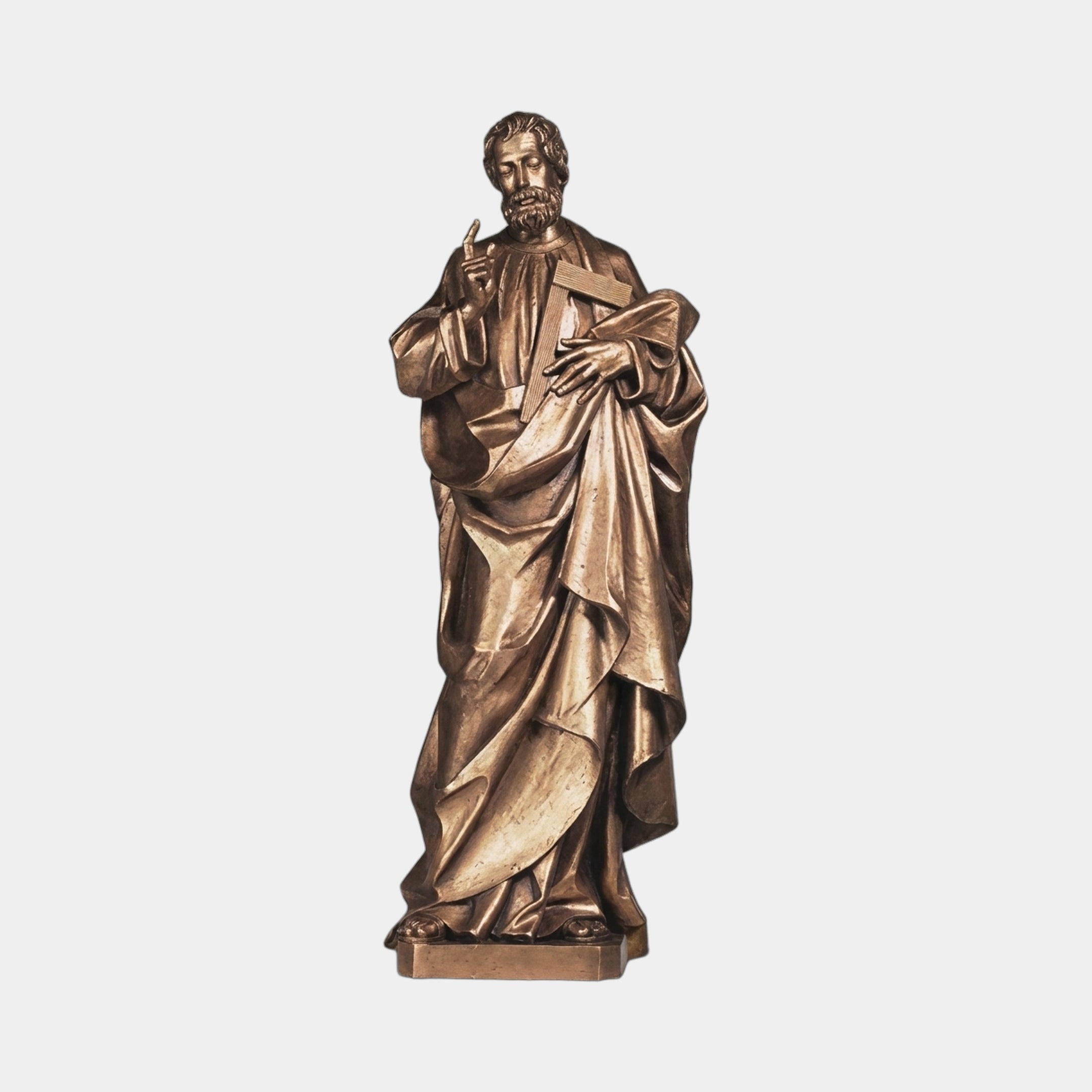Giant Sculptures Monumental Classical Bearded Saint Bronze Statue 250cm, robed figure with raised hand and cradled Latin cross, warm patina, plain background.
