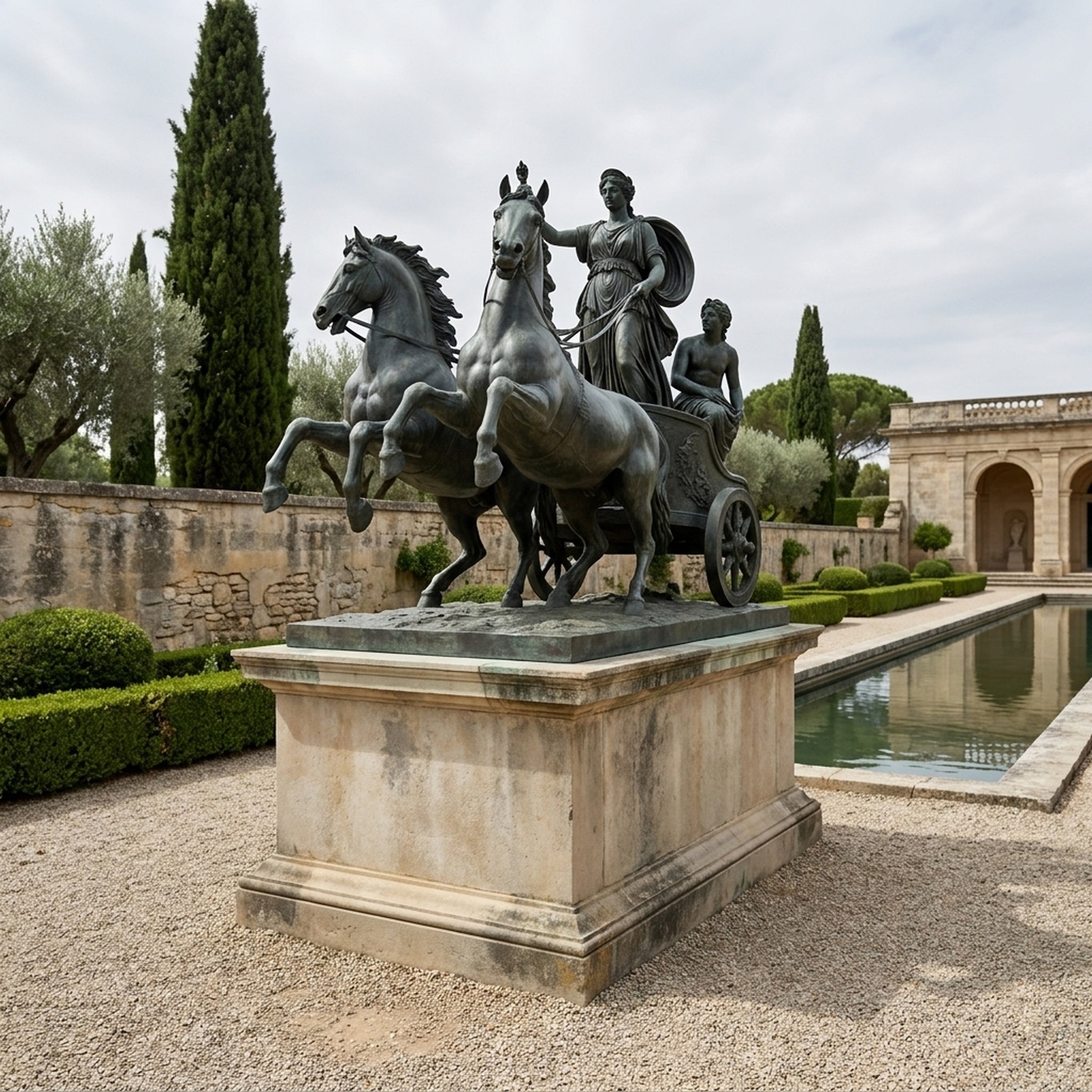 Giant Sculptures Monumental Classical Chariot with Goddess and Horses Bronze Sculpture 420cm on a stone plinth beside a reflecting pool in a formal garden.