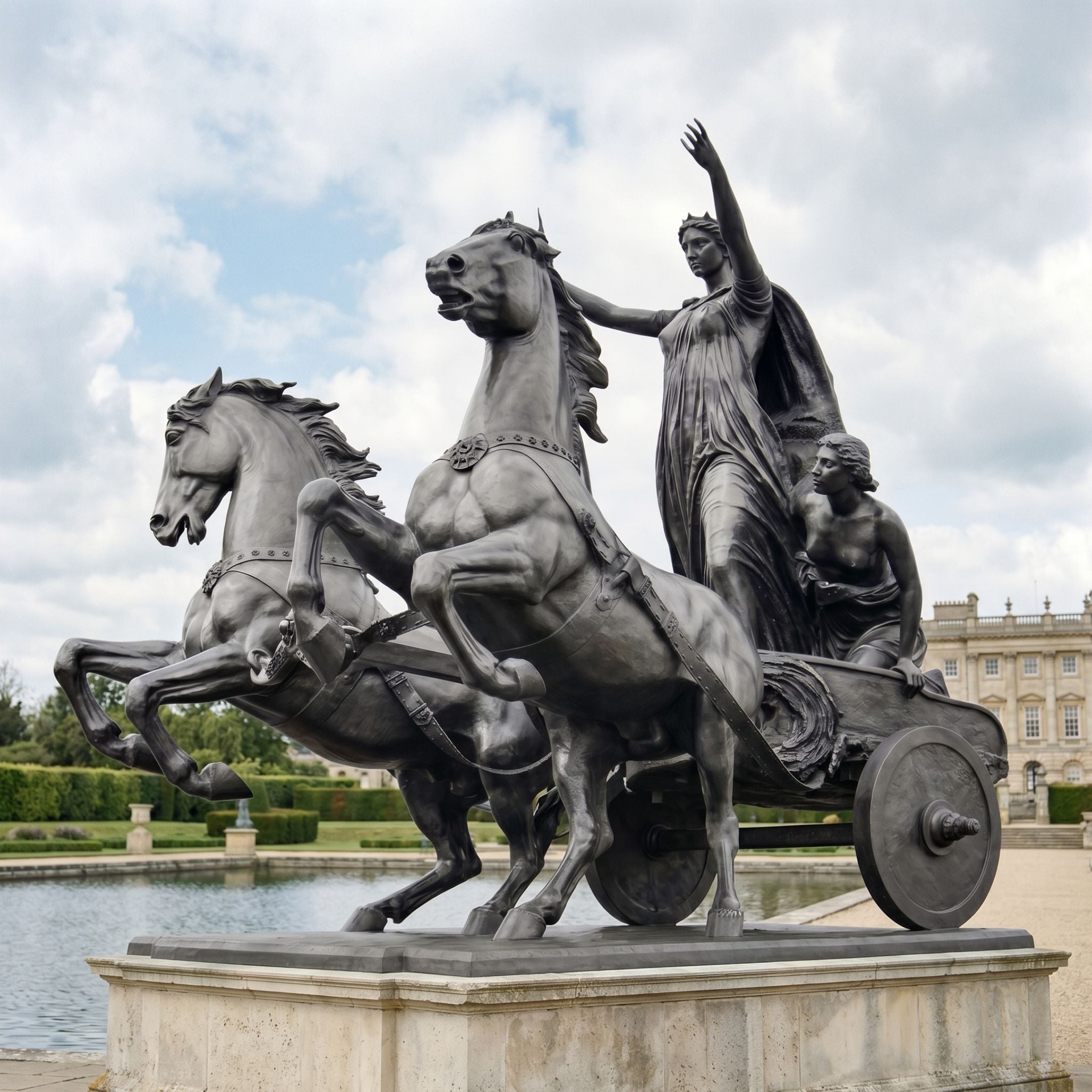 Monumental Classical Chariot with Goddess and Horses Bronze Sculpture by Giant Sculptures, dark patina, two rearing horses and standing figure, on stone plinth beside a reflecting pool.