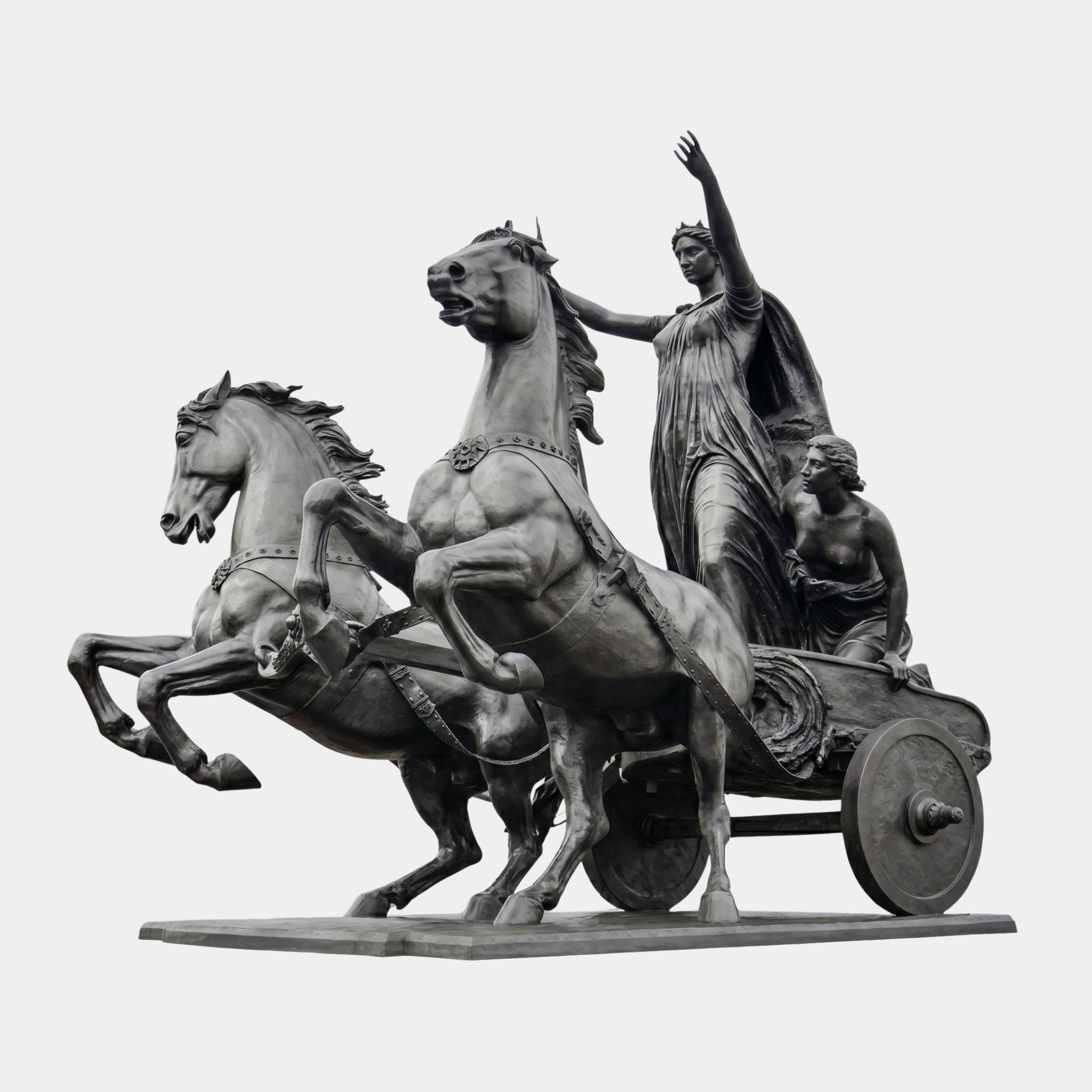 Monumental Classical Chariot with Goddess and Horses Bronze Sculpture by Giant Sculptures, two rearing horses pulling a standing robed goddess and seated companion, dark patina.