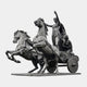 Monumental Classical Chariot with Goddess and Horses Bronze Sculpture by Giant Sculptures, two rearing horses pulling a standing robed goddess and seated companion, dark patina.