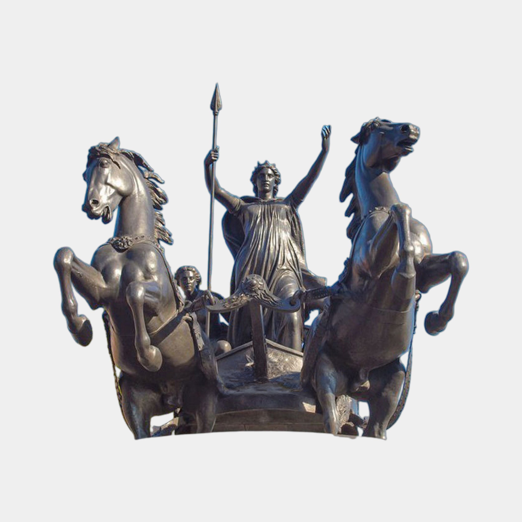 Monumental Classical Chariot with Goddess and Horses Bronze Sculpture by Giant Sculptures, goddess raising spear between two rearing horses, dark patina finish.