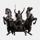 Monumental Classical Chariot with Goddess and Horses Bronze Sculpture by Giant Sculptures, front view of robed goddess raising spear between two rearing horses.