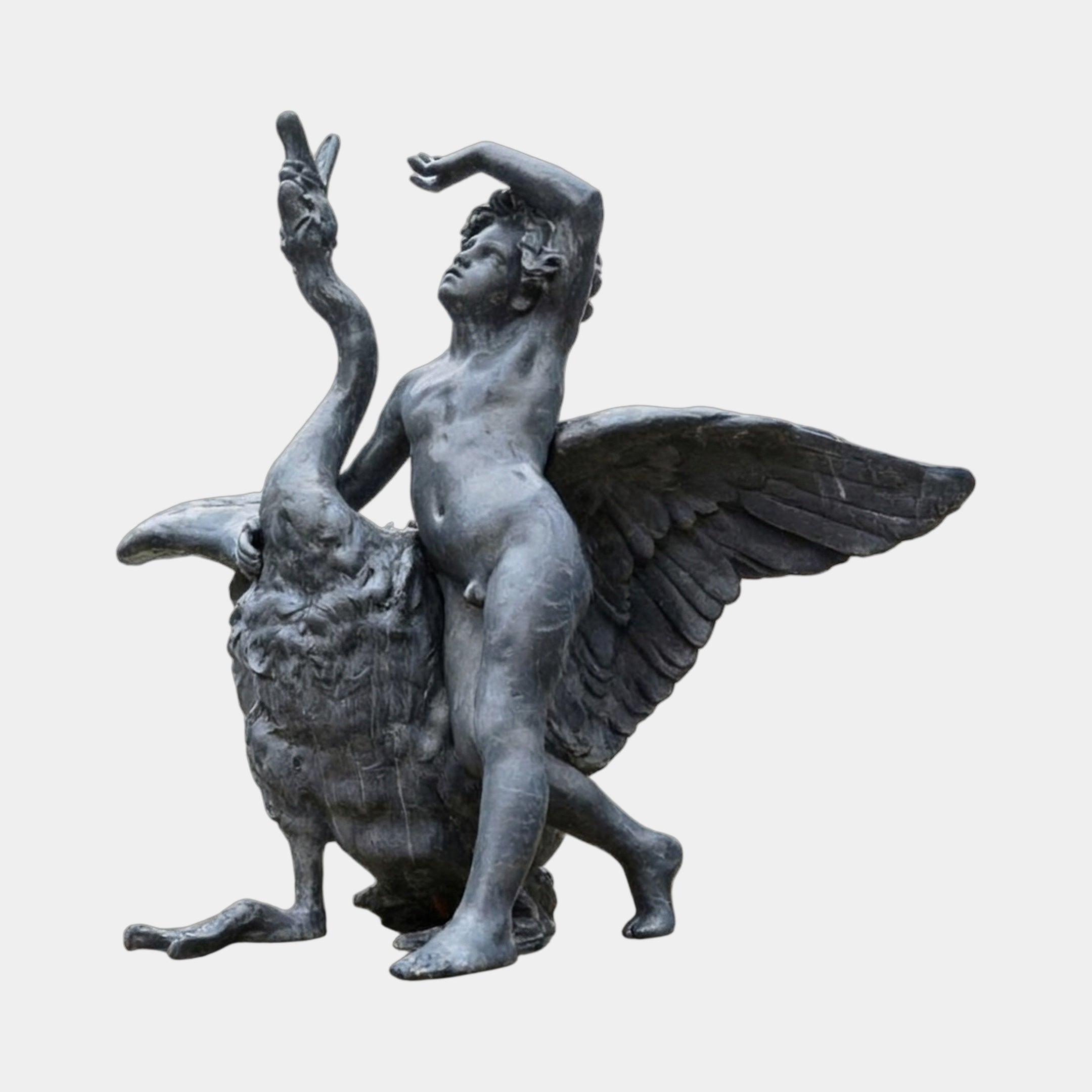 Giant Sculptures Monumental Classical Cherub on Swan Bronze Fountain 220cm, nude cherub astride a winged swan with arm raised, antique patina, plain background.