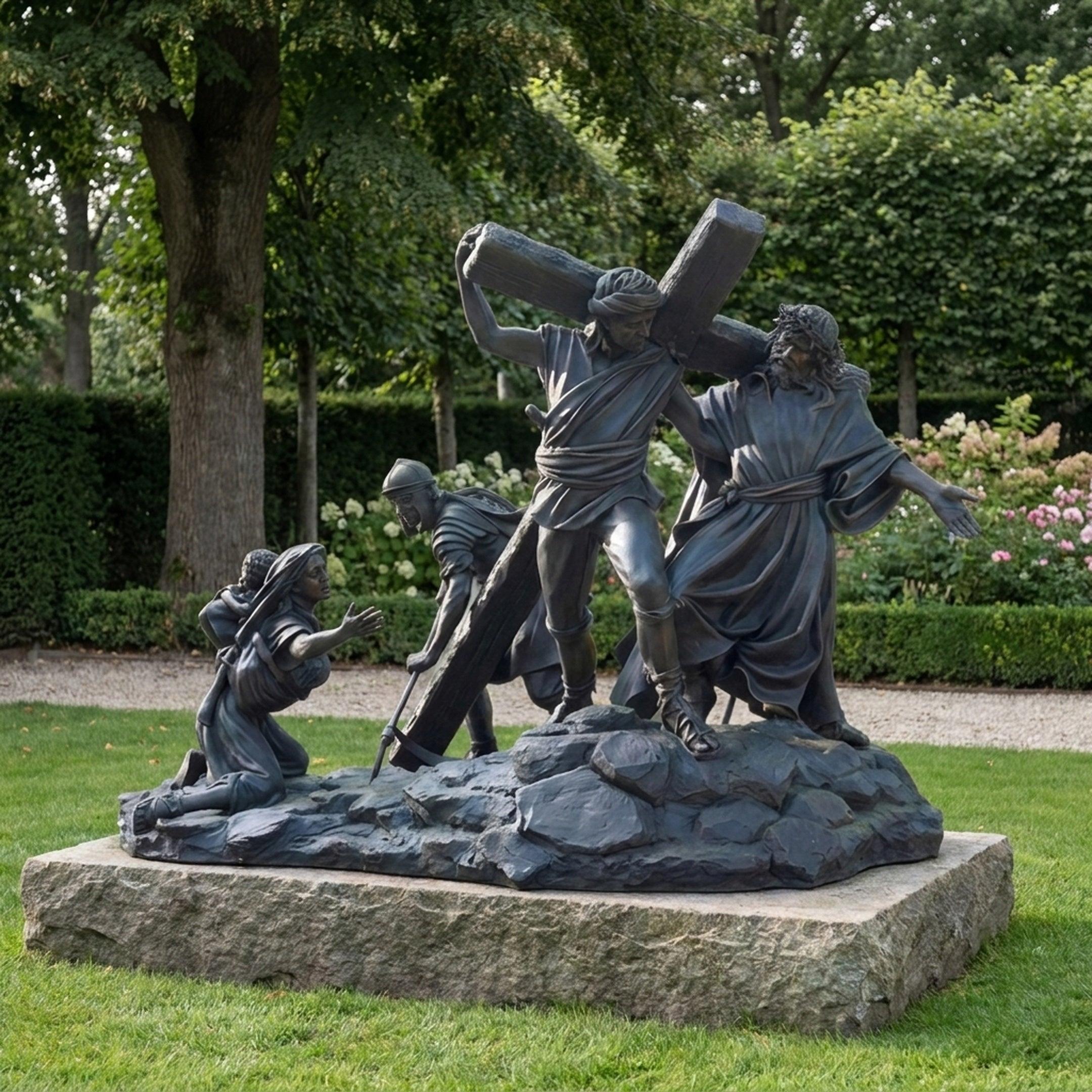 Monumental Classical Christ Carrying the Cross Bronze Sculpture by Giant Sculptures, 300cm, shown in a garden with four figures on a granite base.
