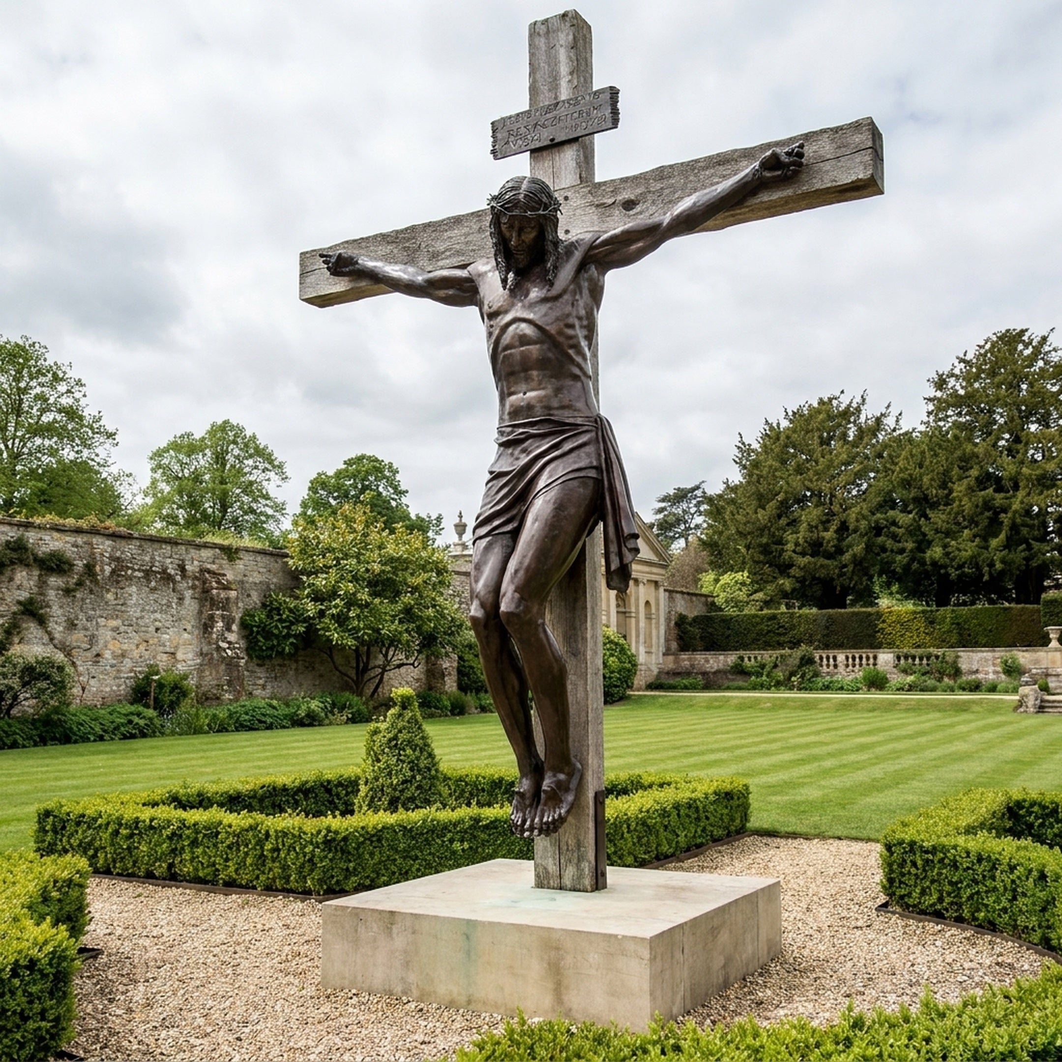 Giant Sculptures Monumental Classical Crucified Christ Bronze Sculpture 500cm with dark patina on a weathered wooden cross, displayed in a walled garden.