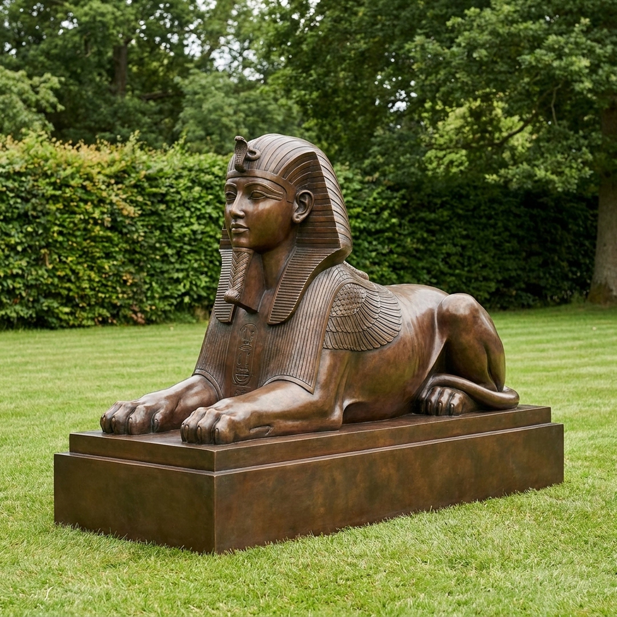 Monumental Classical Egyptian Sphinx Bronze Sculpture by Giant Sculptures shown side-on with nemes headdress and folded wings on a bronze plinth, set on a lawn.