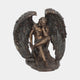 Monumental Classical Fallen Angel Bronze Sculpture by Giant Sculptures, seated armoured figure with vast curved wings and warm golden-brown patina, on a plain background.