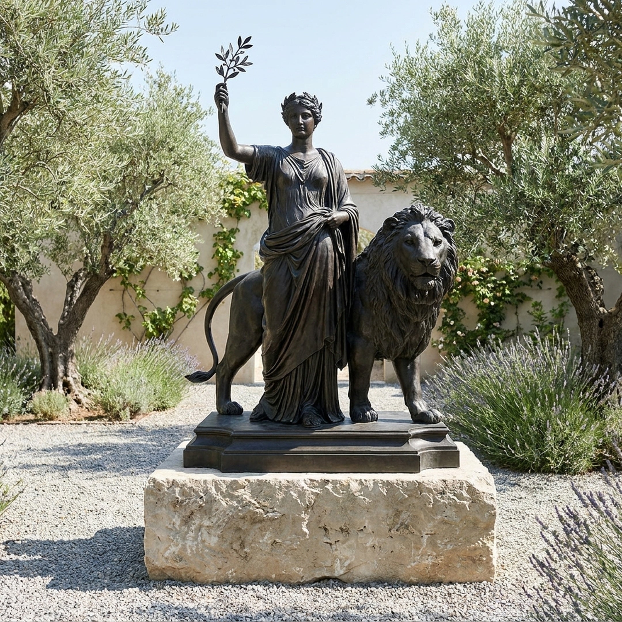 Monumental Classical Female Figure and Lion Bronze Sculpture by Giant Sculptures on a stone plinth in a Mediterranean garden with olive trees and lavender.