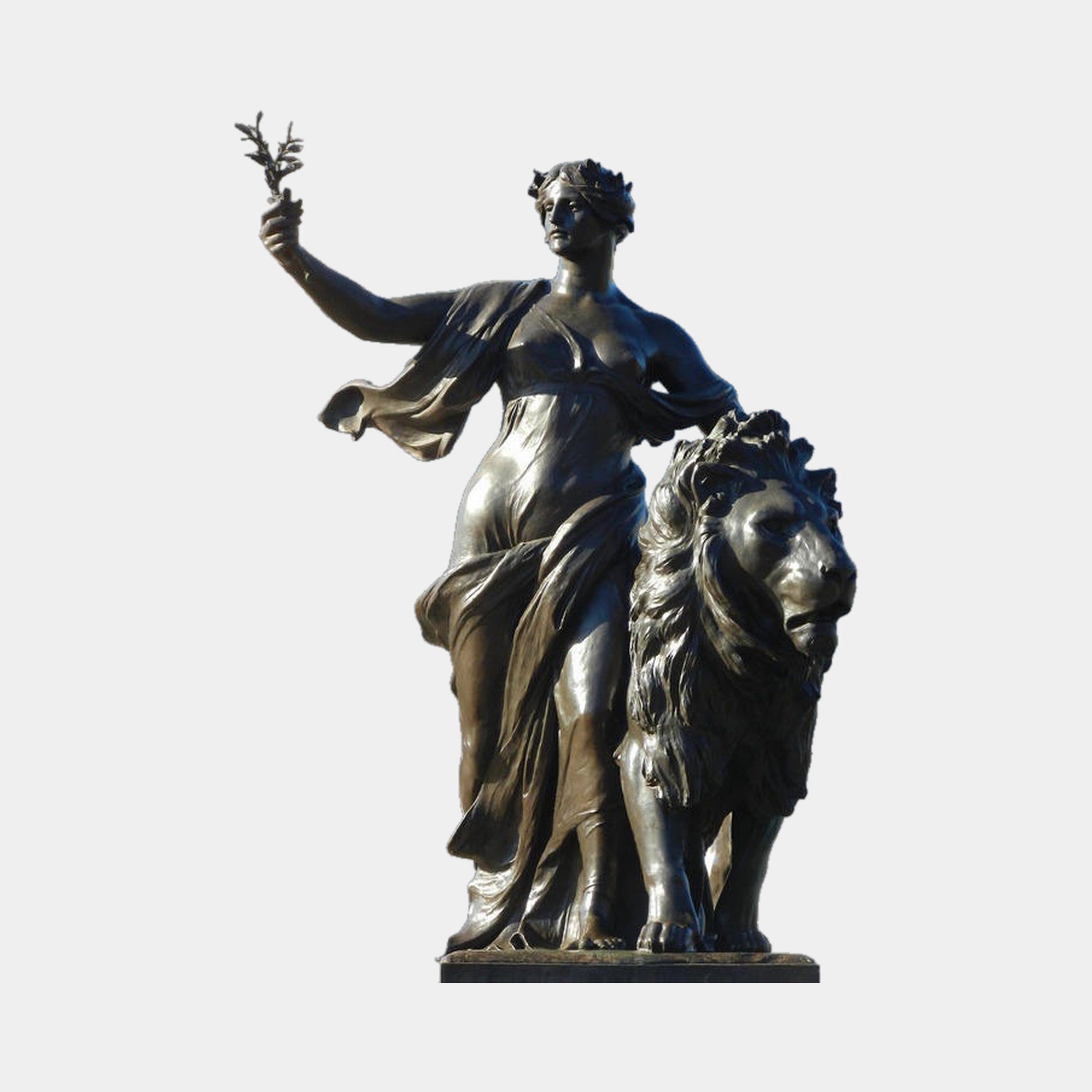 Giant Sculptures' Monumental Classical Female Figure and Lion Bronze Sculpture 320cm, laurel-crowned woman raising an olive branch beside a lion, dark patina.