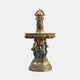 Giant Sculptures Monumental Classical Female Figures and Cherubs Bronze Fountain with tiered basin, verdigris and gold patina, on a plain grey background.