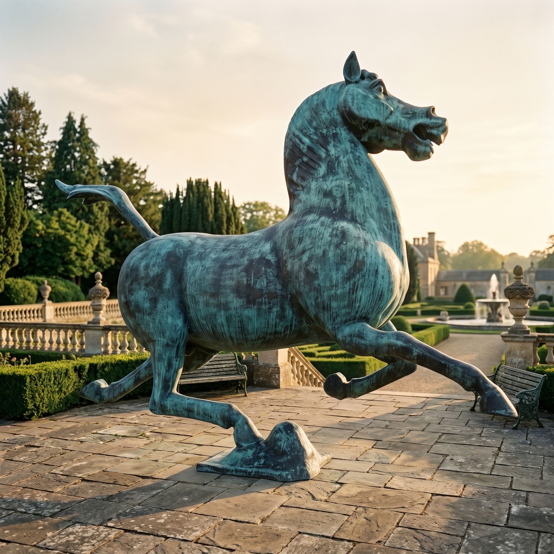 Monumental Classical Galloping Horse and Swallow Bronze Sculpture by Giant Sculptures in aged verdigris finish, displayed on a formal garden terrace at dusk.