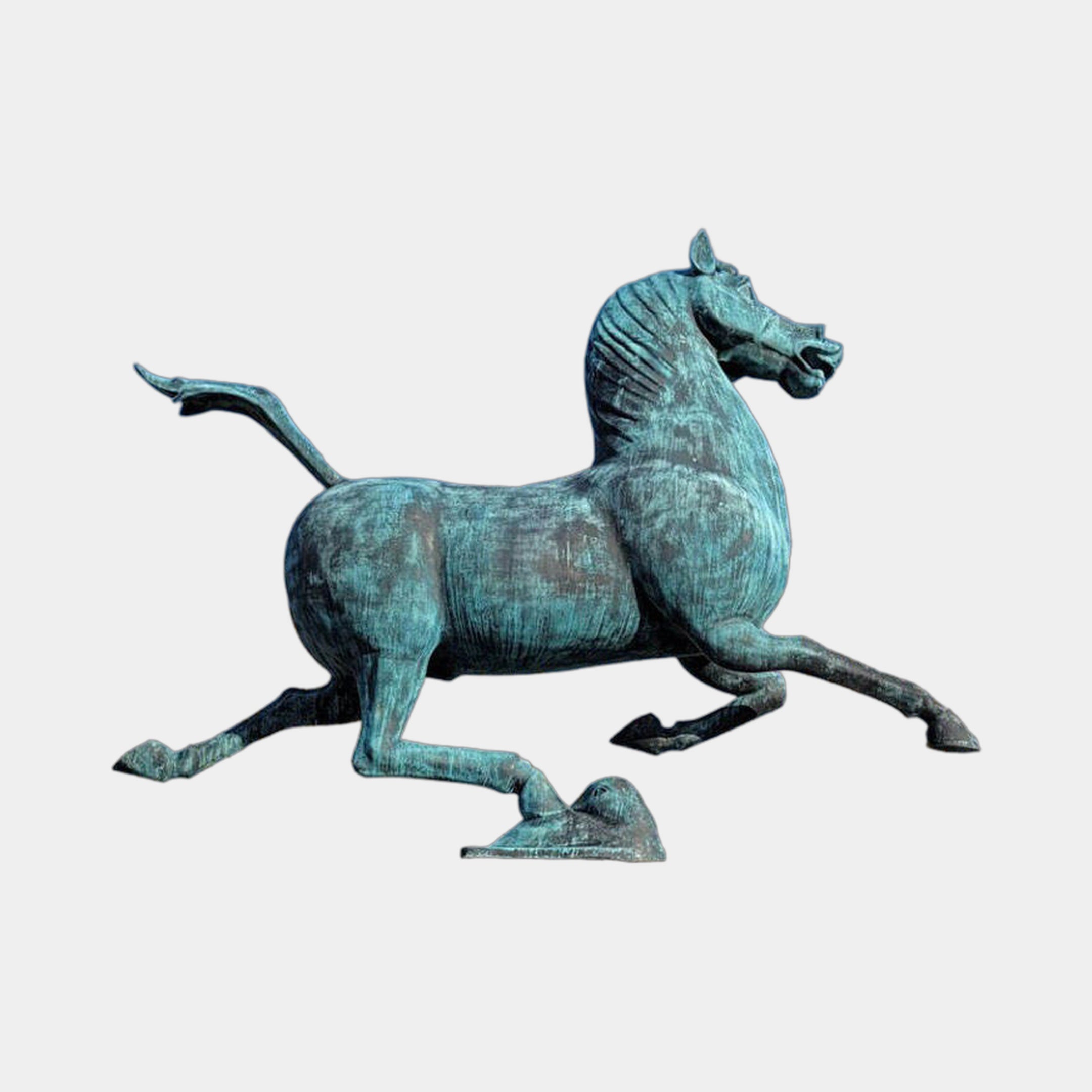 Giant Sculptures Monumental Classical Galloping Horse and Swallow Bronze Sculpture in aged verdigris finish, mid-gallop with one hoof on a swallow, side view.