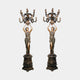 Monumental Classical Goddess Candelabra Bronze Sculpture Pair by Giant Sculptures, two-tone gold and black robed figures holding nine-arm candelabra on pedestals.
