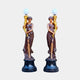 Pair of Monumental Classical Goddess Lamp Bearer Bronze Sculptures, 230cm, in draped bronze robes holding gilt acanthus torch lamps with white globes, on black round bases, plain white background.