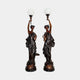 Pair of Monumental Classical Goddess Torchiere Bronze Sculptures by Giant Sculptures, draped figures raising torch lamps with white globe shades, on marble bases.