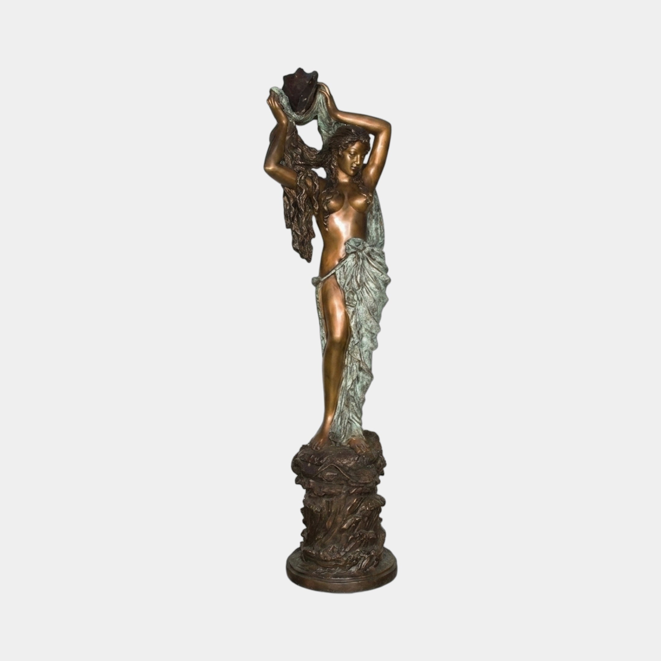 Monumental Classical Goddess with Draped Cloth Bronze Fountain by Giant Sculptures, 220cm semi-nude figure raising drapery overhead on a rocky base, plain background.