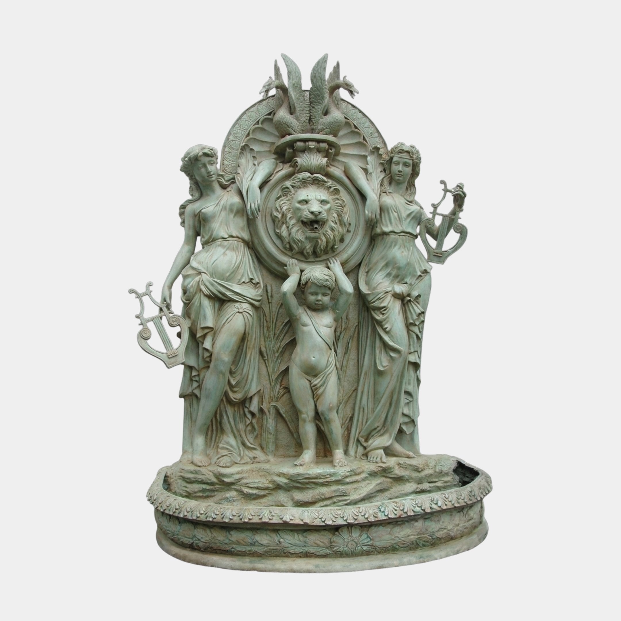 Monumental Classical Goddesses with Child and Lion Medallion Bronze Fountain by Giant Sculptures, 250cm, verdigris patina with lyre-holding figures and phoenix finial.