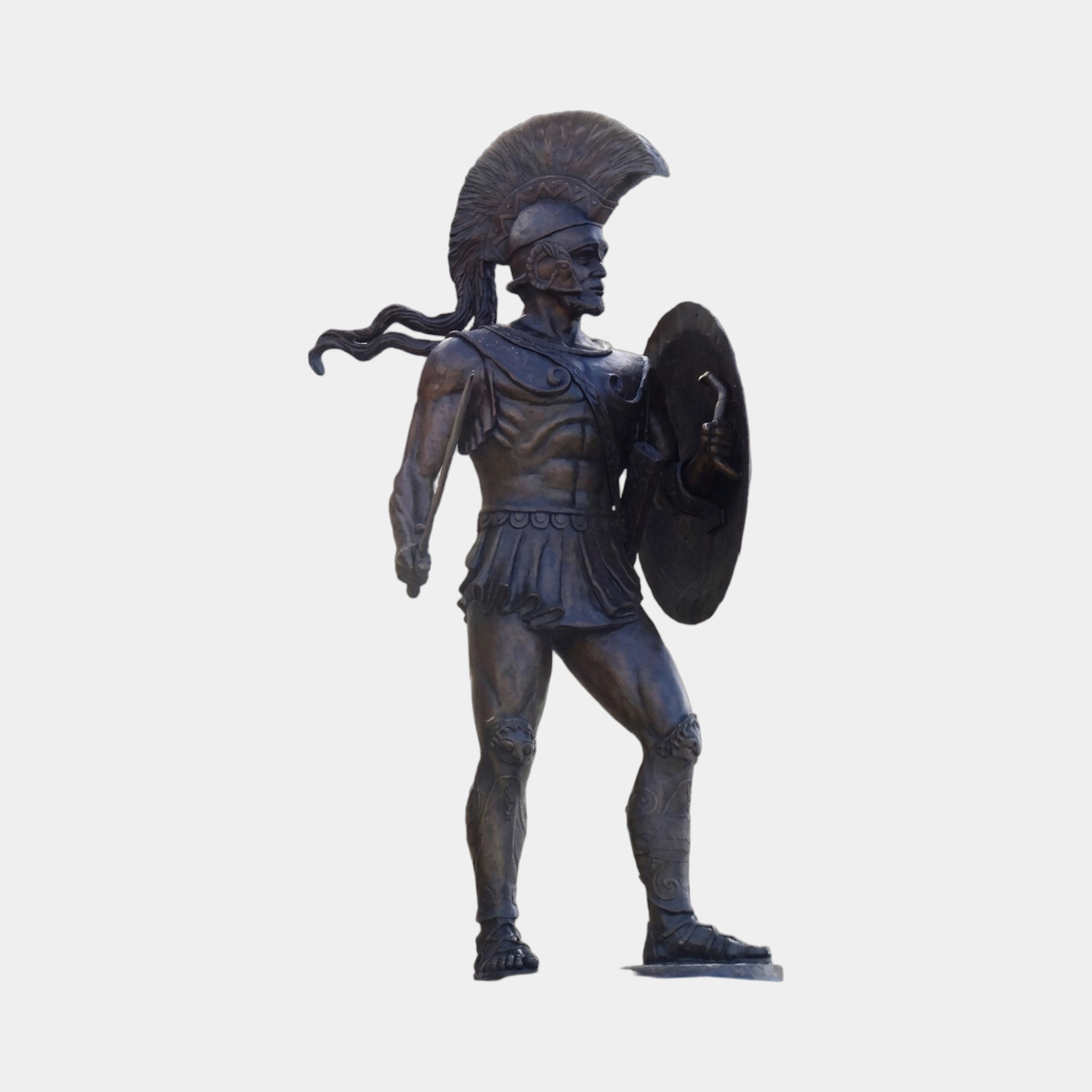 Monumental Classical Greek Warrior Bronze Statue by Giant Sculptures, 250cm striding figure in plumed Corinthian helmet with shield and sword on plain background.