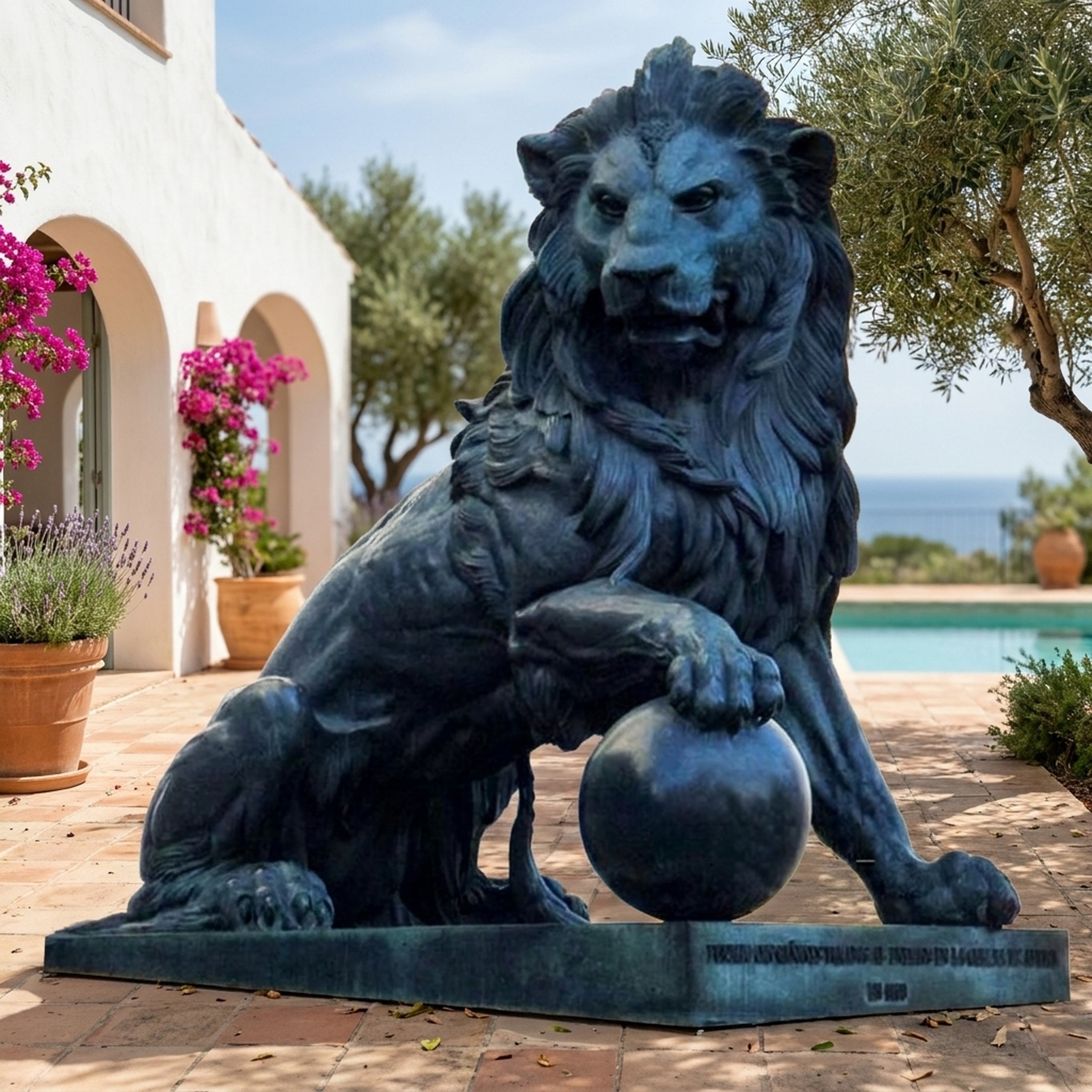 Monumental Classical Guardian Lion Bronze Sculpture by Giant Sculptures in dark blue-black patina, seated with paw on sphere, on a poolside Mediterranean terrace.